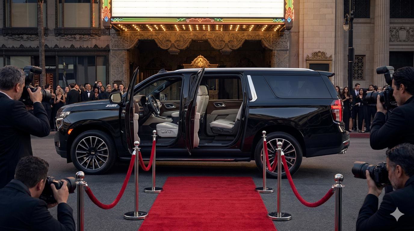 Obed Limo's black Chevy Suburban at a red-carpet premiere — doors open, photographers lining the carpet