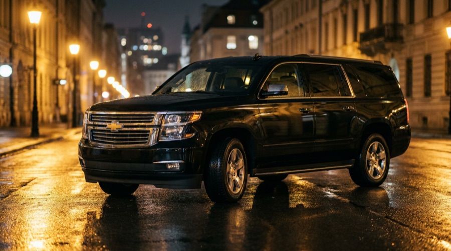 Obed Limo's black Chevy Suburban, luxury chauffeured SUV at night