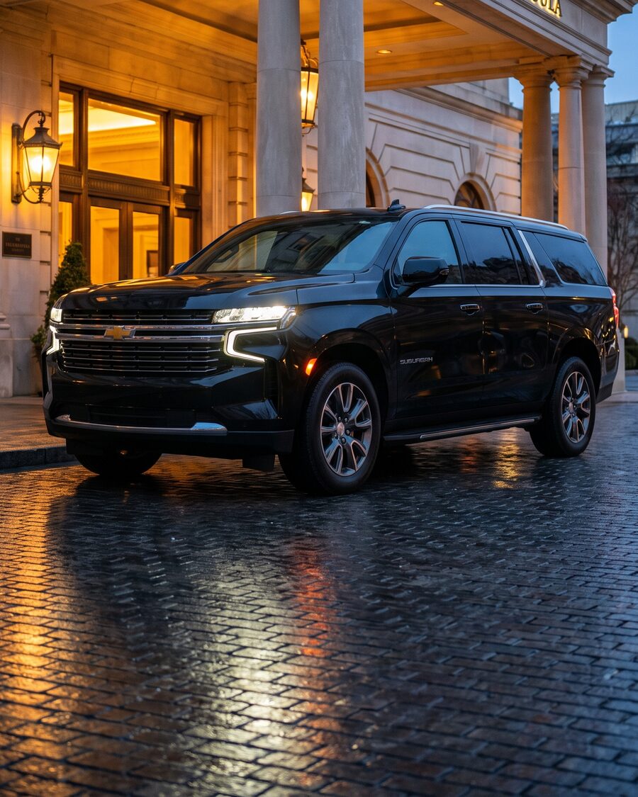 Black 2026 Chevrolet Suburban photographed front three-quarter at a lit hotel entrance