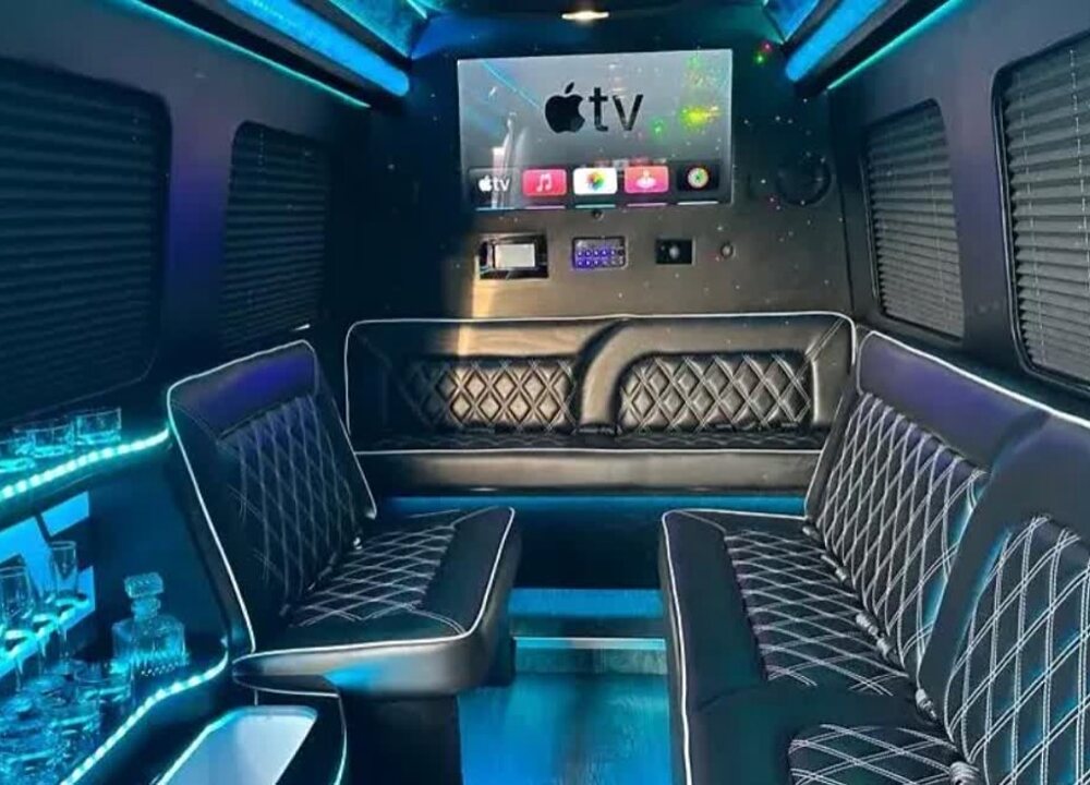Passenger cabin with black seating and blue accent lighting